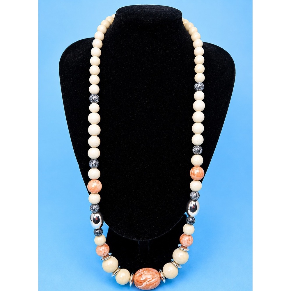 Vintage 1980s Cream Beige Orange Silver Necklace Screw Closure Statement -467